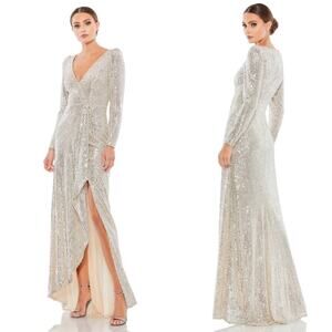 Ieena Mac Duggal Sequined Faux Wrap Long Sleeve Silver Gown Size 6 6395 NEW